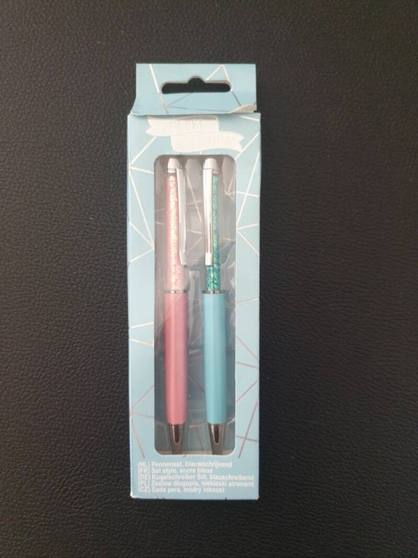 Magnifique parure de 2 stylos rose et bleu paillettes