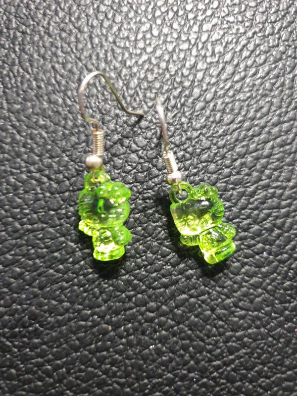 Boucles d'oreilles fantaisie "Hello Kitty" vert et argent