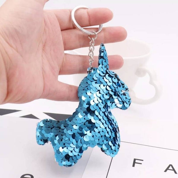 Porte-clés licorne sequins bleu
