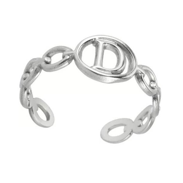 Bague fantaisie ajustable "D" argentée