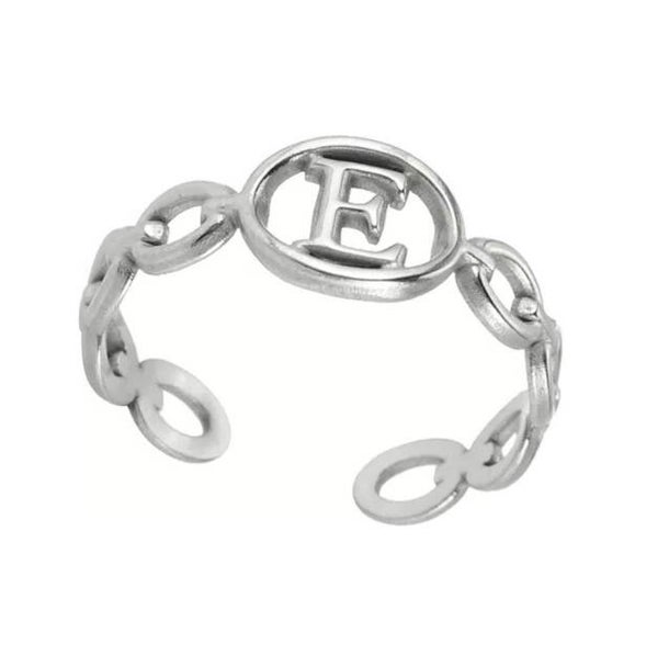 Bague fantaisie ajustable "E" argentée