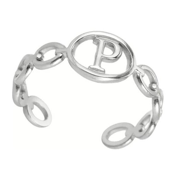 Bague fantaisie ajustable "P" argentée