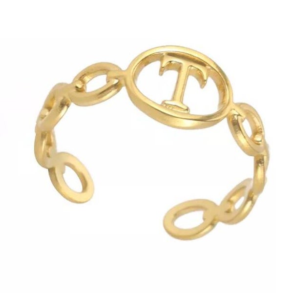 Bague fantaisie ajustable "T" dorée