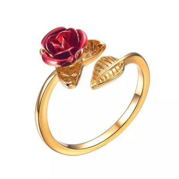 Bague fantaisie ajustable Rose rouge dorée