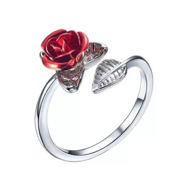 Bague fantaisie ajustable Rose rouge argentée