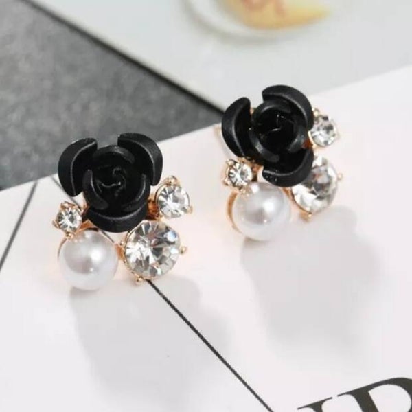 Boucles d'oreilles fantaisie "Roses" noires à vis