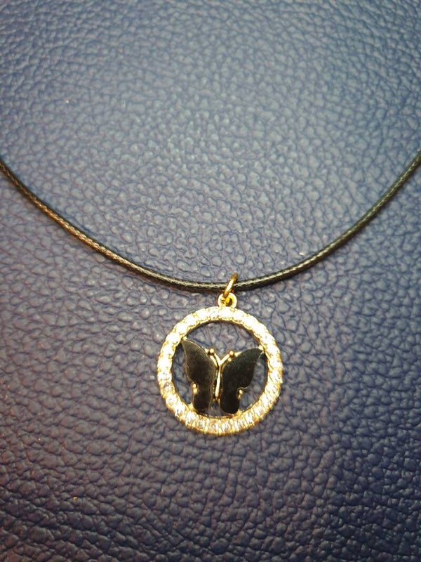 Collier fantaisie "Papillon" noir cordon noir