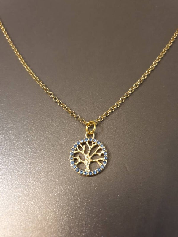 Collier fantaisie "Arbre de vie" doré bleu