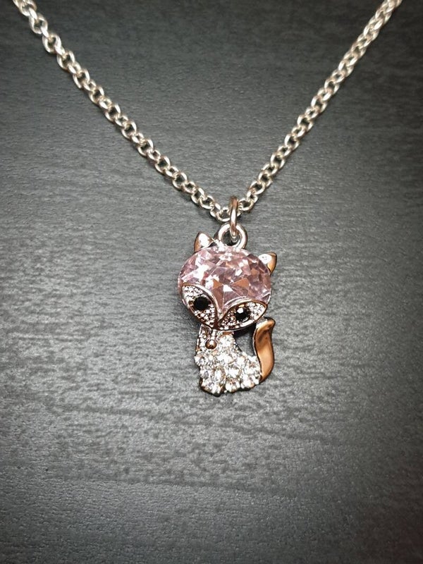 Collier fantaisie "Chat" rose argenté