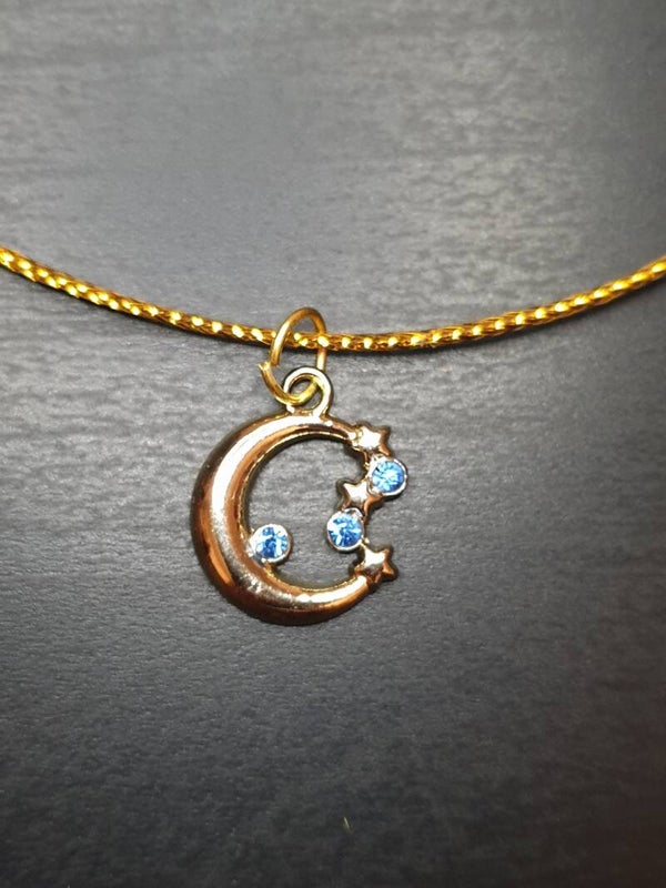 Collier fantaisie "Lune" doré et bleu cordon doré