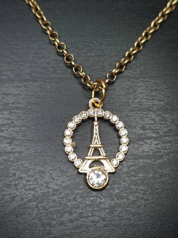Collier fantaisie "Tour Eiffel" doré et blanc
