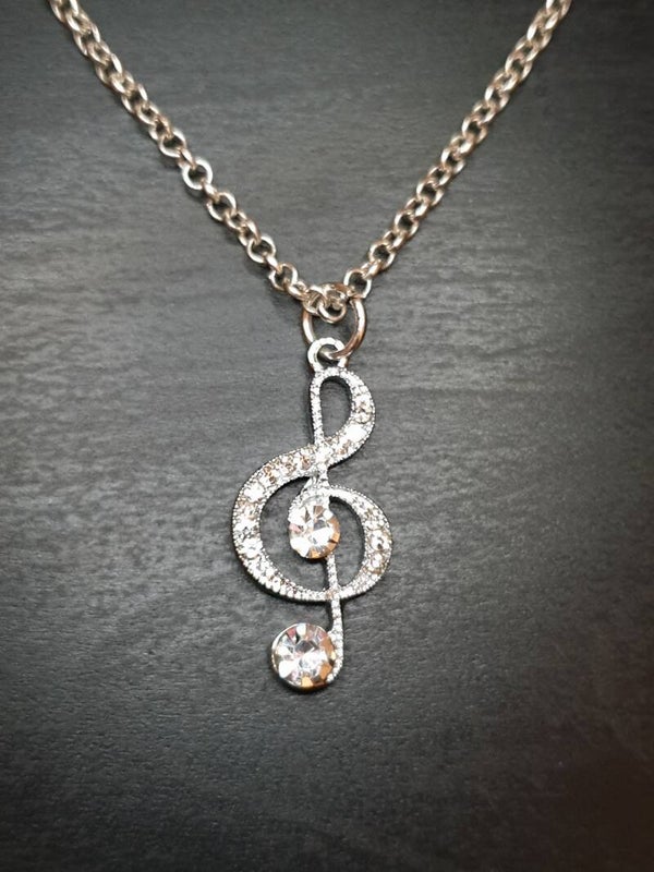 Collier fantaisie "Clé de sol" diamant argenté