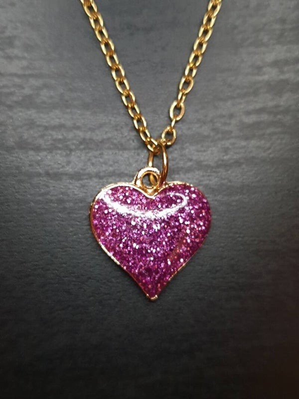 Collier "Cœur pailleté" violet en acier inoxydable