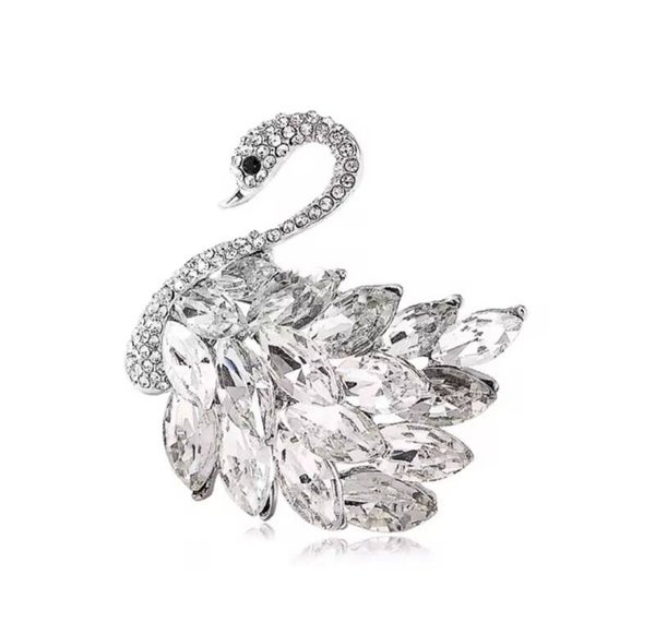 Broche "Cygne" blanche et argentée