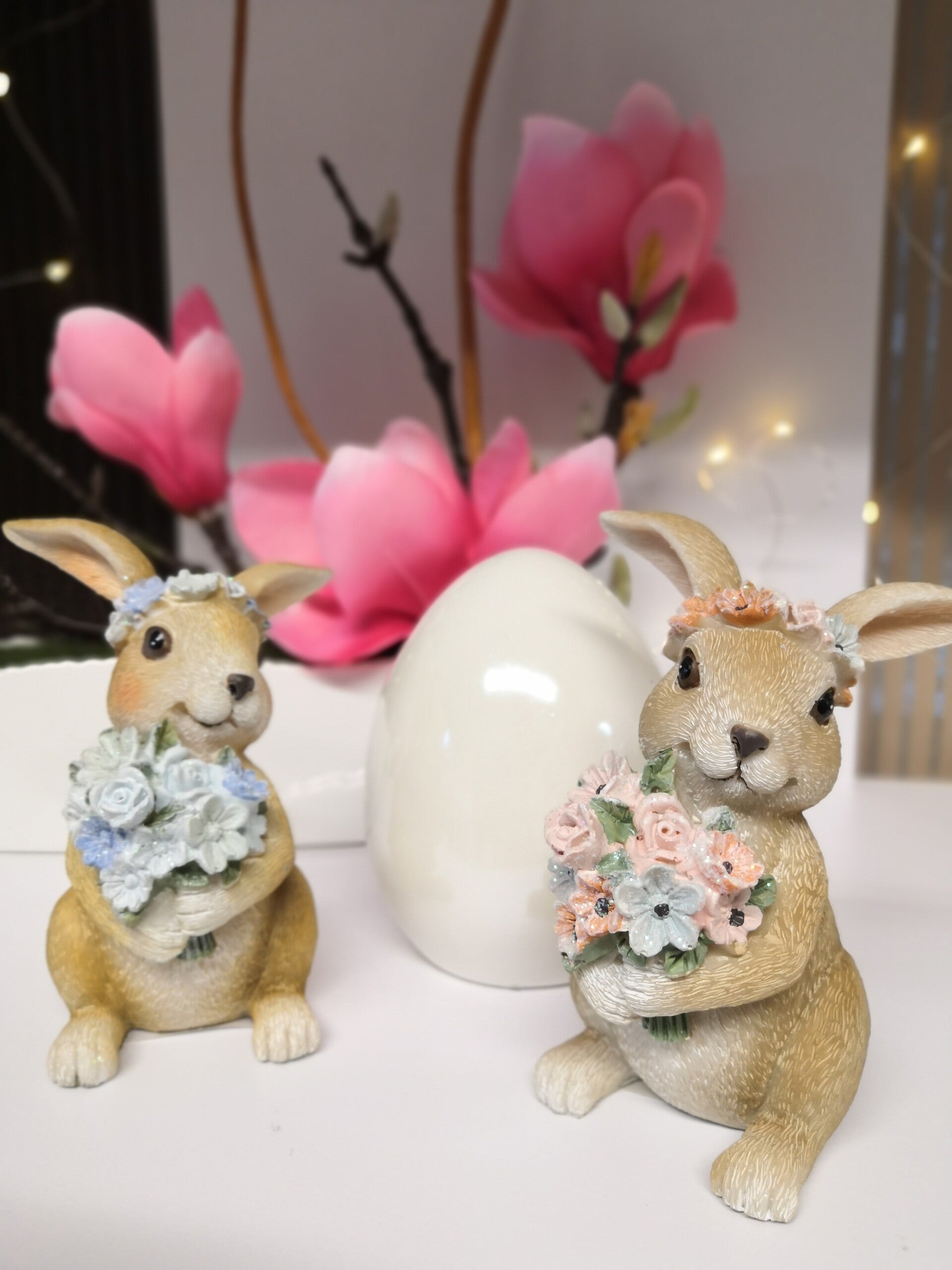 Osterhasen mit Blumen rosa und hellblau 2er Set
