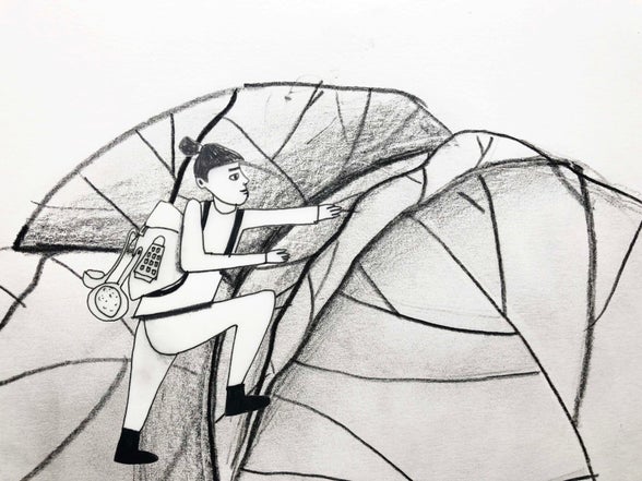 tekening van iemand die op verkenning is in de wereld van de fermentatie