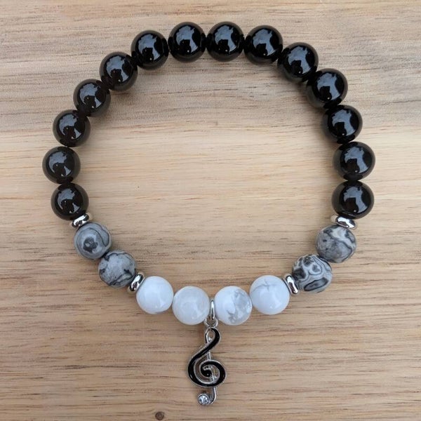 Treble Clef Charm with Howlite, Silver Crazy Lace Agate, and Black Obsidian