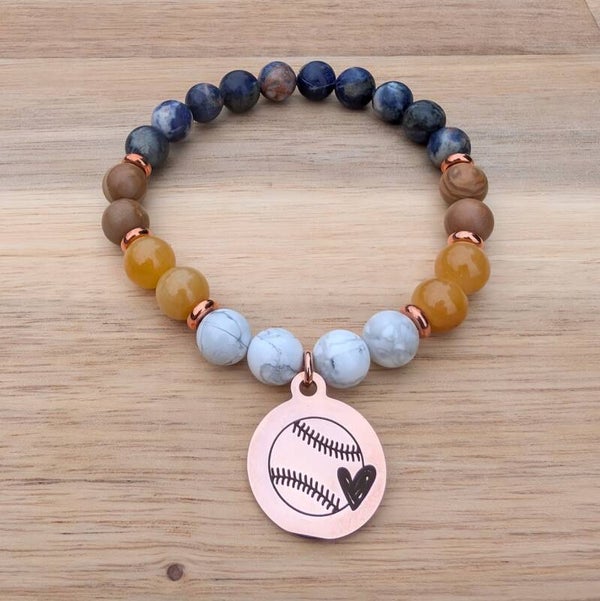 Baseball Charm with Howlite, Golden Jade, Tigerskin Jasper, and Orange Sodalite