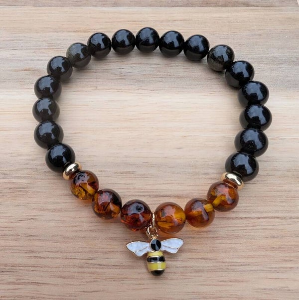 Honeybee Charm with Amber and Gold Sheen Obsidian