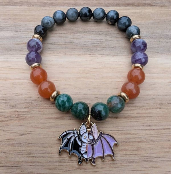Bat Charm with Green Jade, Red Aventurine, Banded Amethyst, and Eagle Hawk's Eye