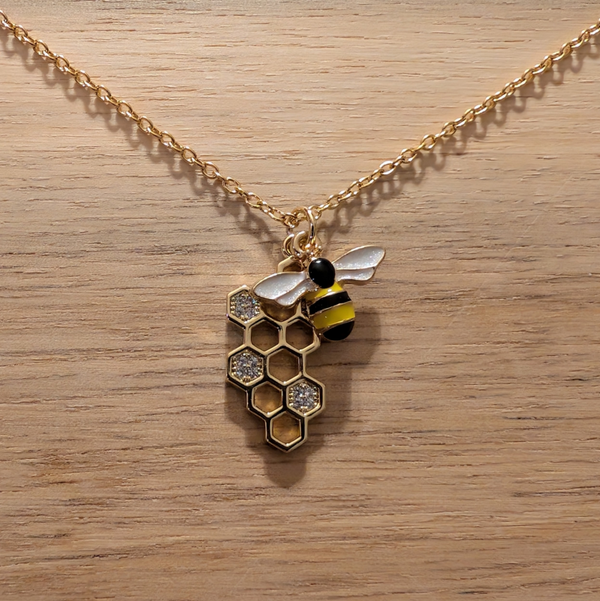 Bee with Gold Honeycomb Necklace