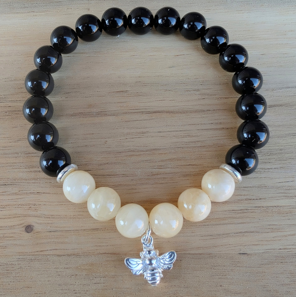 Sterling Silver Honeybee Charm with Yellow Calcite and Black Onyx