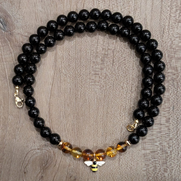 Honeybee Charm with Amber and Gold Sheen Obsidian Necklace