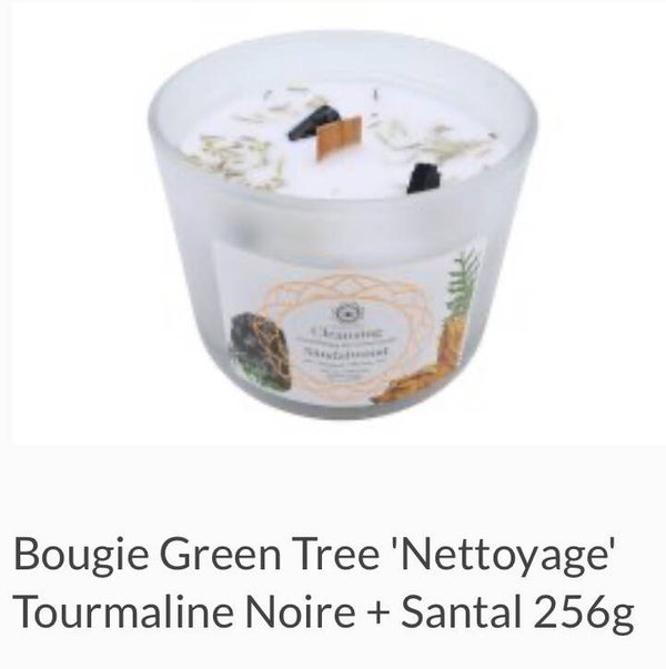 🌿 Bougie Green Tree “Nettoyage” – Tourmaline Noire & Santal (256 g)