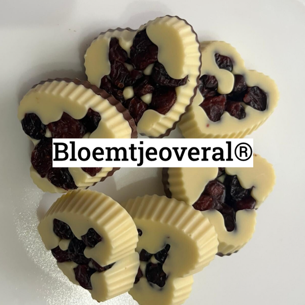 Bloemtjeoveral® exclusieve witte chocolade hartjes met cranberry