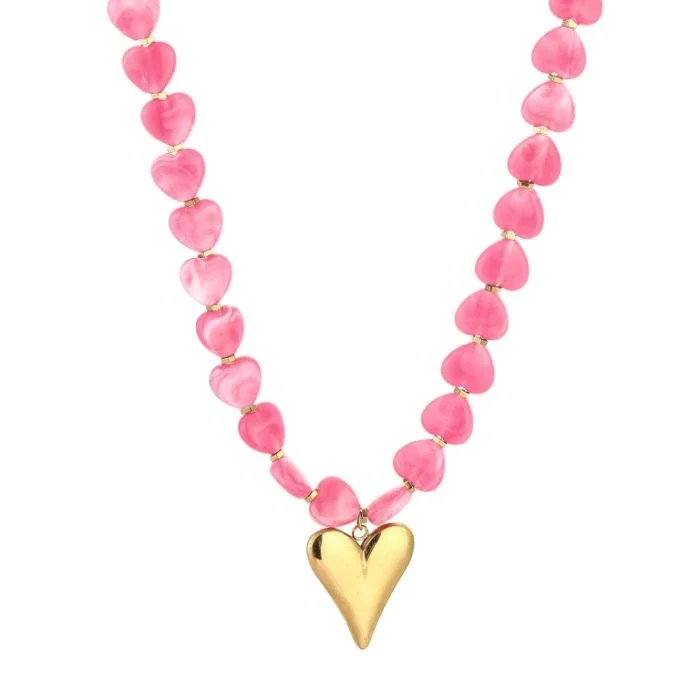 Ketting kralenhartjes fuchsia