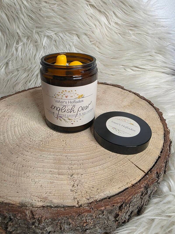 kleine braune Duftkerze english pear