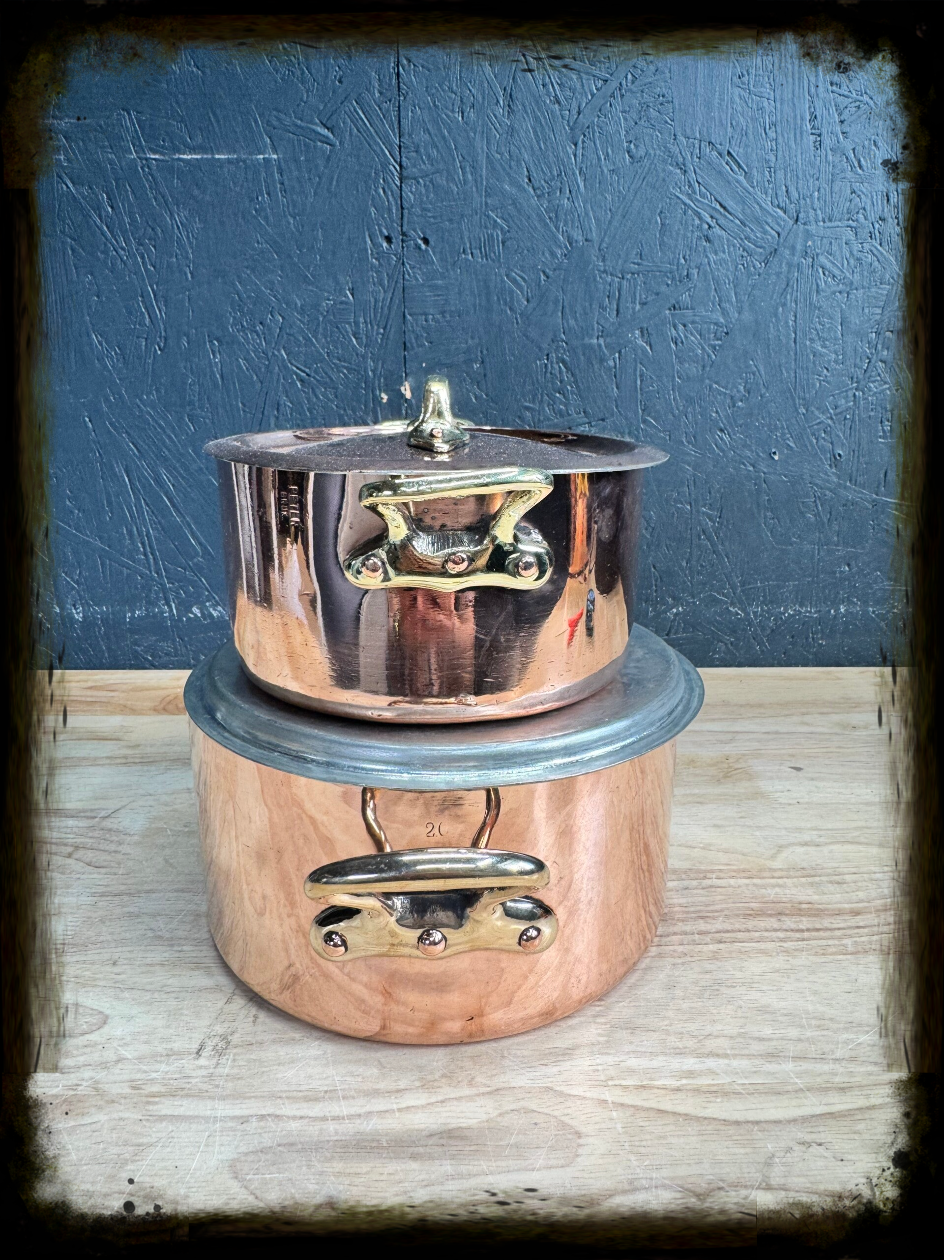 Set of 2 small vintage French copper pots pans stacked - new tin lining - foodsafe - Peter Brux
