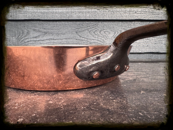 Vintage French Handmade Copper Frying Pan 30cm 2mm Thick - Compass Dot - Diamond Hammered - Copper Rivets - Cast Iron Handle - New Tin Lined