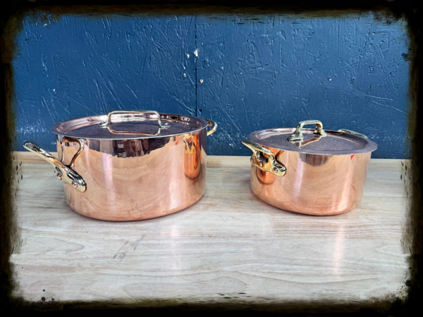 Set a 2 Copper pots - 16 - 20cm 1.85 - 1.9mm - new tin - (16cm Peter Brux) 2 lids included