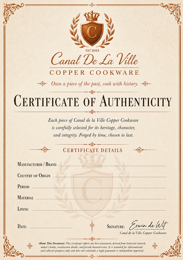 Hand-filled Certificate of Authenticity for vintage copper cookware - Canal de la Ville