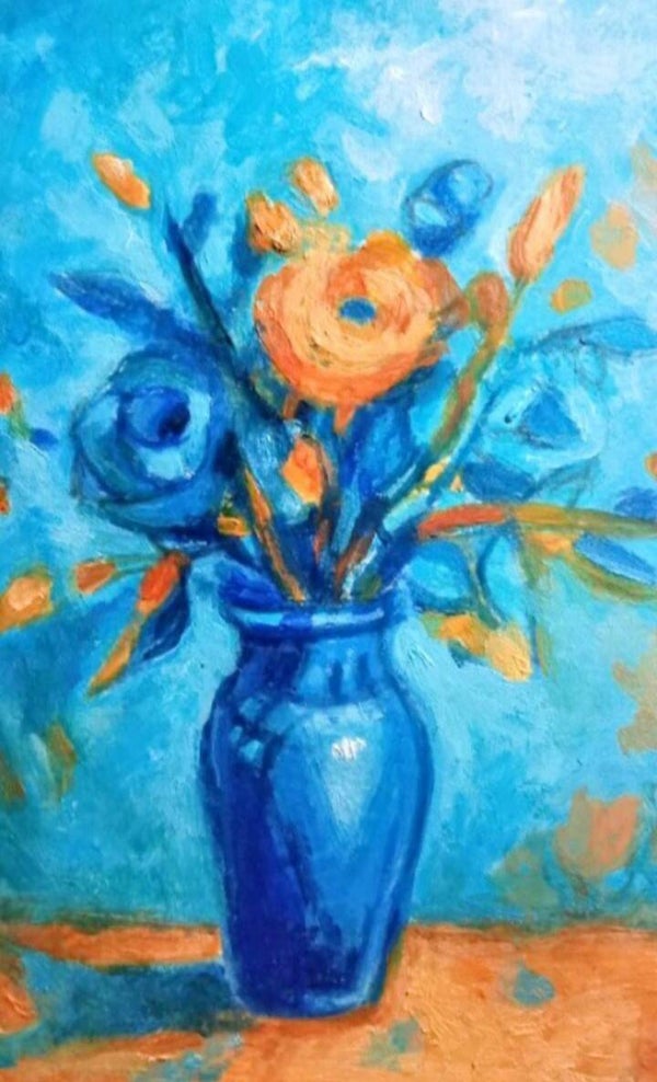 Vase bleu et bouquet d'or peinture à l'huile