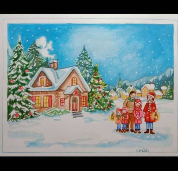 Illustration Aquarelle originale Promenade hivernale en famille Décoration de Noël Artisanale