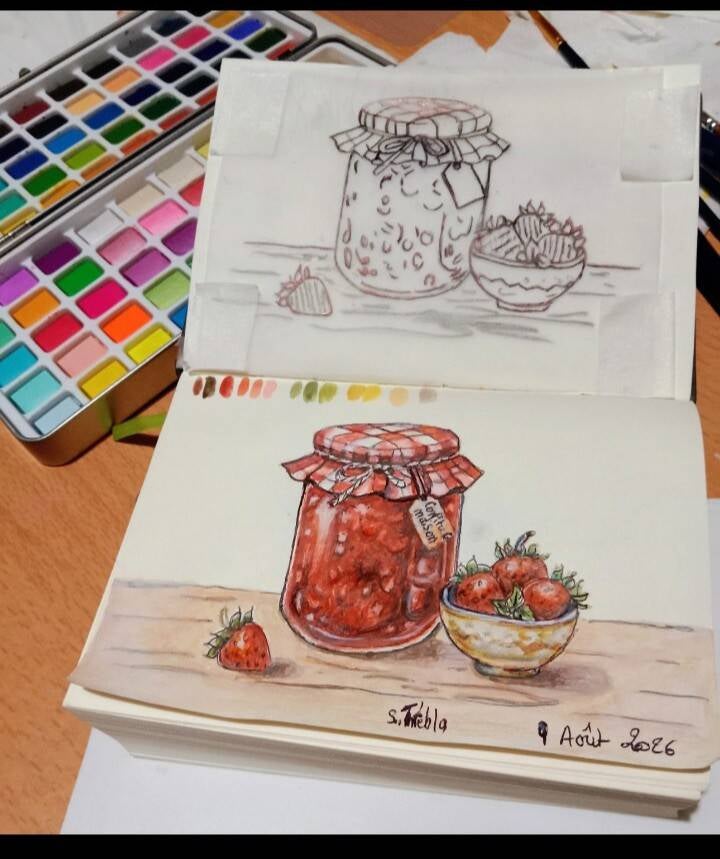 Carnet de croquis : Dessin aquarelle représentant un pot de confiture 
