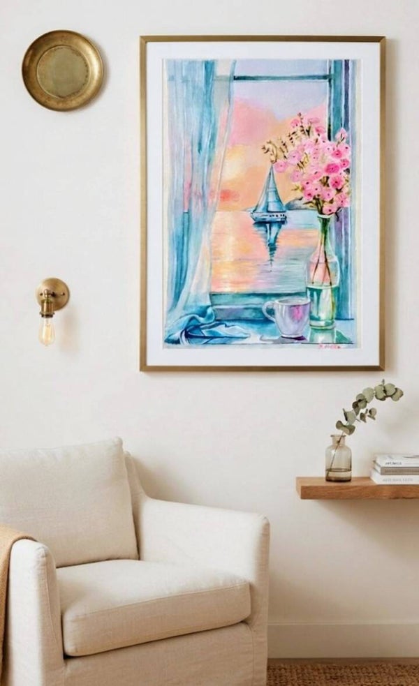 Aquarelle Voilier au coucher du soleil Originale signé