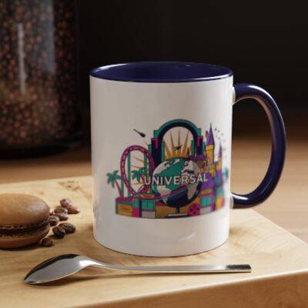 Universal Theme Park Coffee Mug — Retro Roller Coaster & Globe Design 320ml - Florida ¦ California ¦ UK