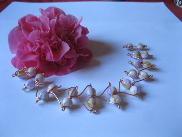 Elégant Bracelet Cuivre et Perls en Verre Couleurs Pastel - B1011