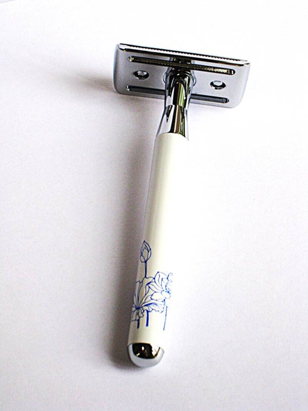 Poppy scheermes metaal/verchroomd met klaproos tekening+10 mesjes