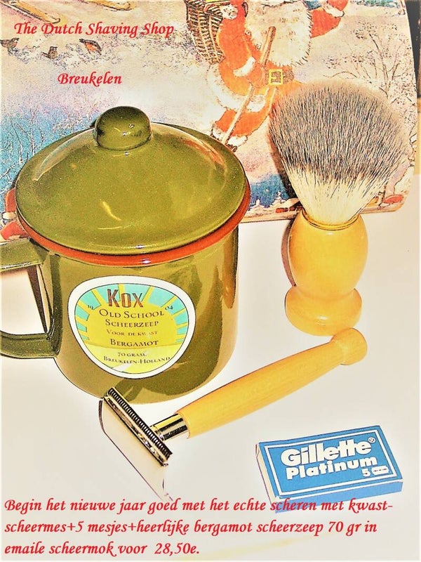 Scheerset 4 delig Klassiek Emaile bergamot scheerzeep-Beukenhouten Mes+kwast.