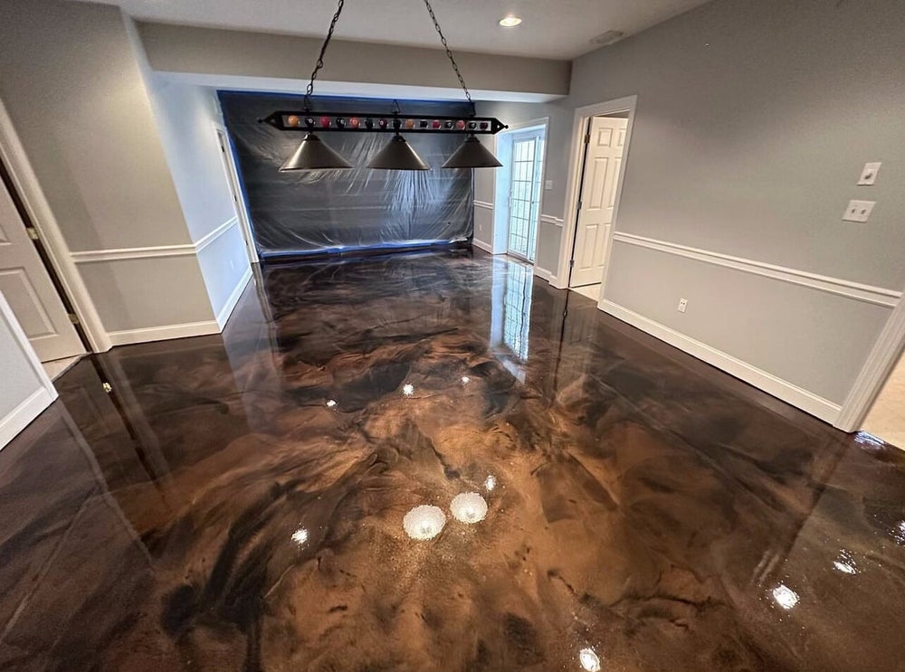 Bronze metallic epoxy floor in a finished basement