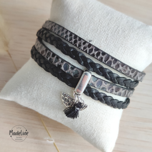 Armband Mare | Leer WF - zwart/grijs