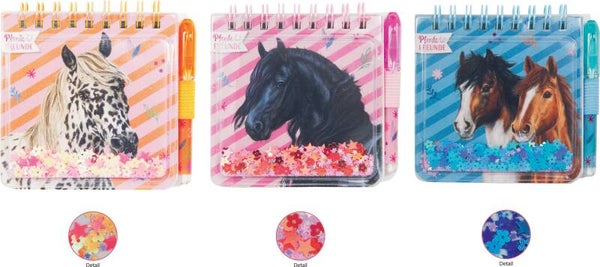 Carnets spiral à paillettes + stylot gel Chevaux 10*9.5 cm