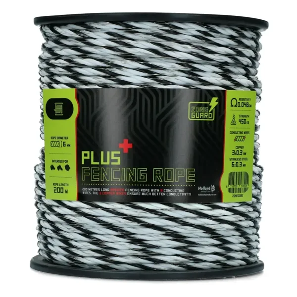Corde de clôture ZoneGuard 6 mm Plus, noire et blanche, 200 m
