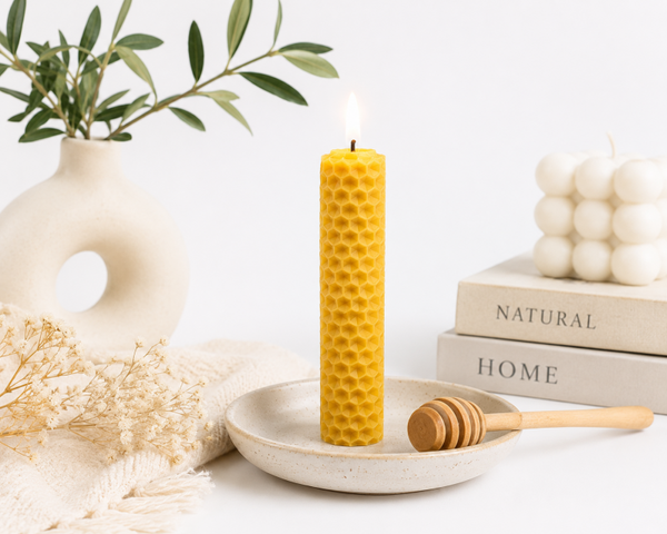 Beeswax Pillar Candles 6-Pack – Honeycomb Bee Design
