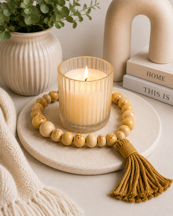 Handmade Wooden Bead Garland with Tassel – Boho Farmhouse Home Décor
