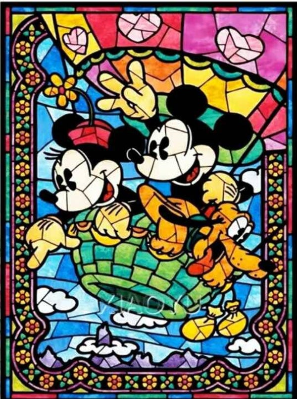 Mickey en Minnie en pluto in luchtballon ronde stenen 30X40
